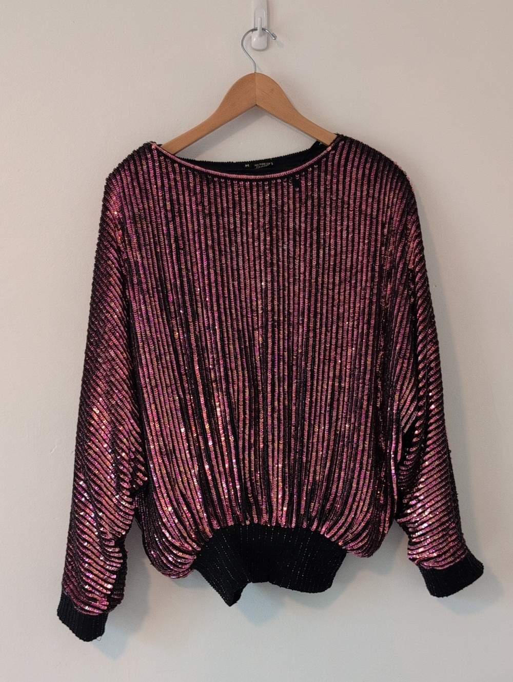 Vintage 80s 90s Pink Black Silk Sequin Beaded Dolman Sleeve Top Shoulder Pads M